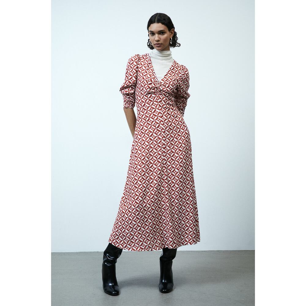 H&M Red Print Puff Sleeve Midi Dress Lenzing Ecovero Woven Boho Womens XL New